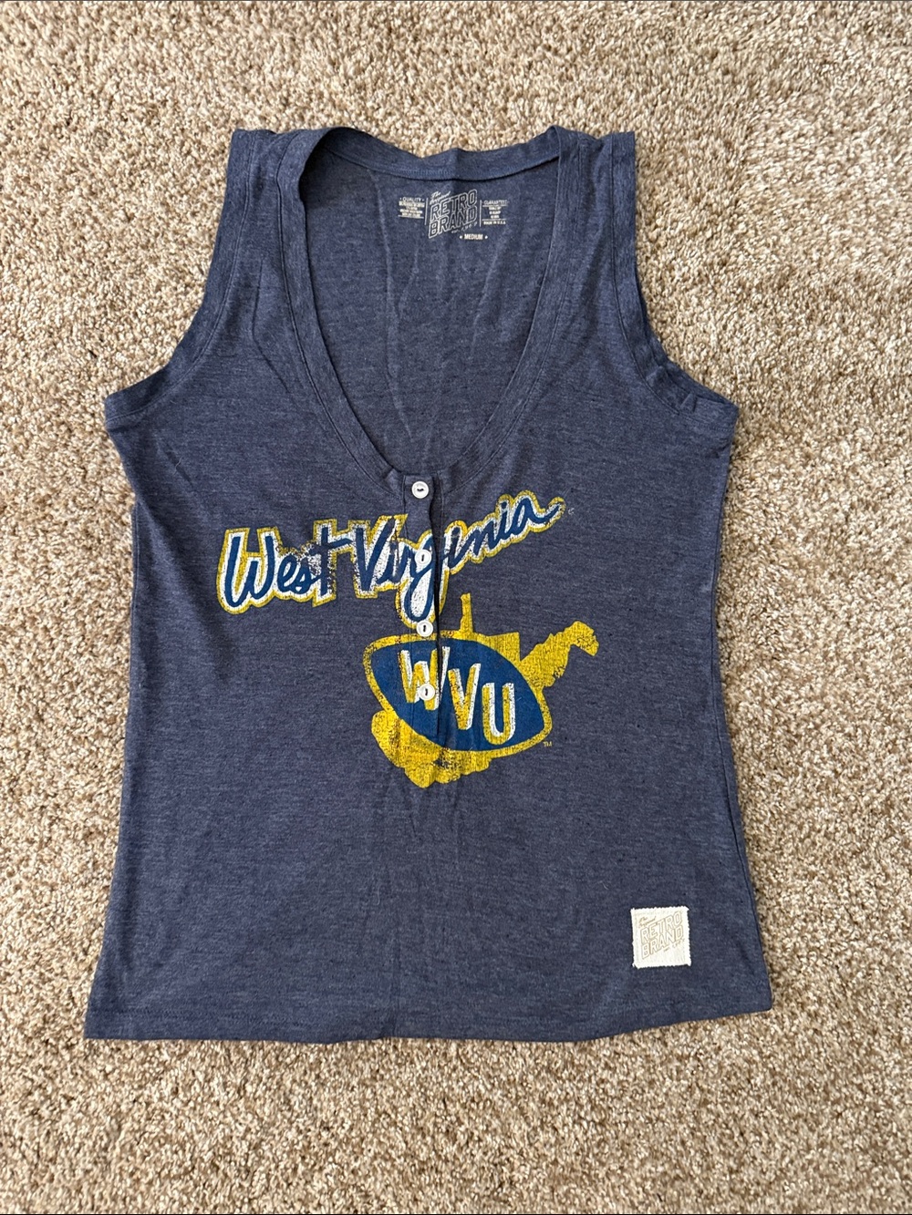 Original Retro Brand Navy and Yellow West Virginia WVU Graphic V-Neck Tank